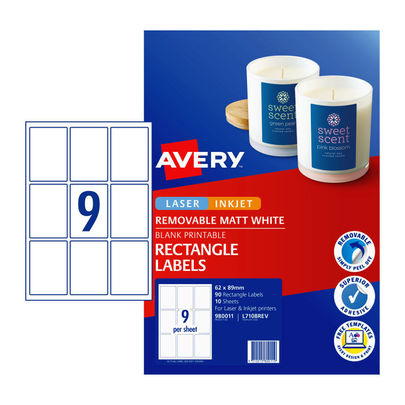 Avery L7108REV Rectangle Labels - 9 Labels per Sheet - Pack of 10 - 62 x 89mm