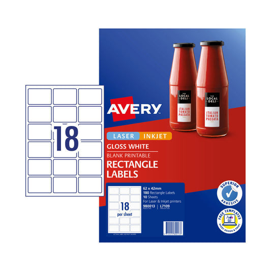 Avery L7109 Rectangle Labels - 18 Labels per Sheet - Pack of 10 - 64 x 42mm