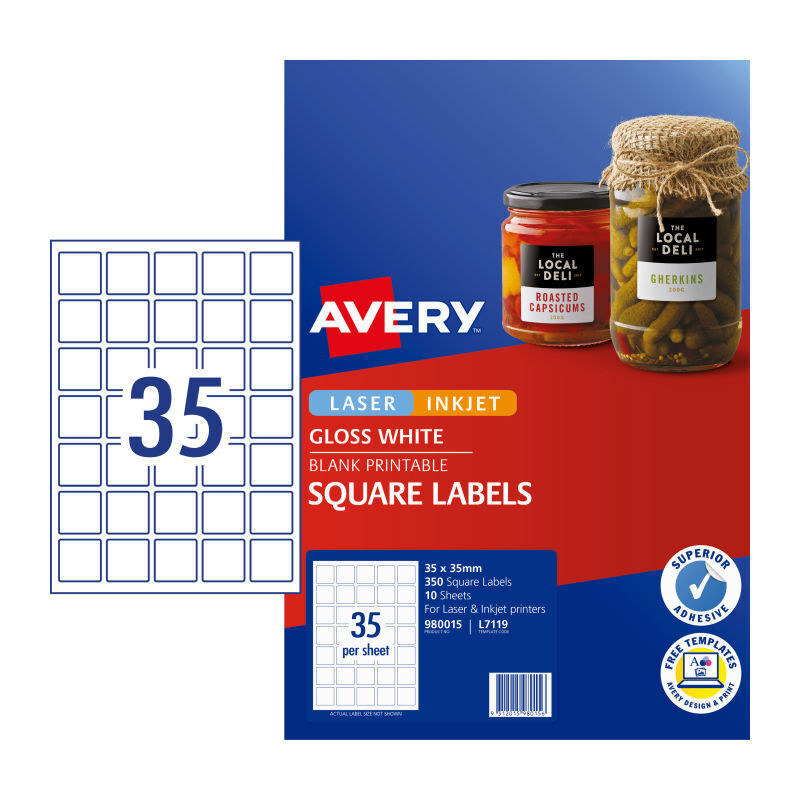 Avery L7119 Square Glossy White Labels - Pack of 350 - 35 x 35mm