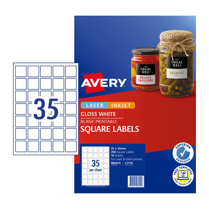 Avery L7119 Square Glossy White Labels - Pack of 350 - 35 x 35mm
