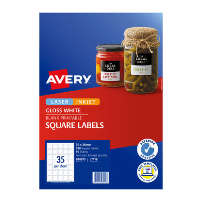 Avery L7119 Square Glossy White Labels - Pack of 350 - 35 x 35mm