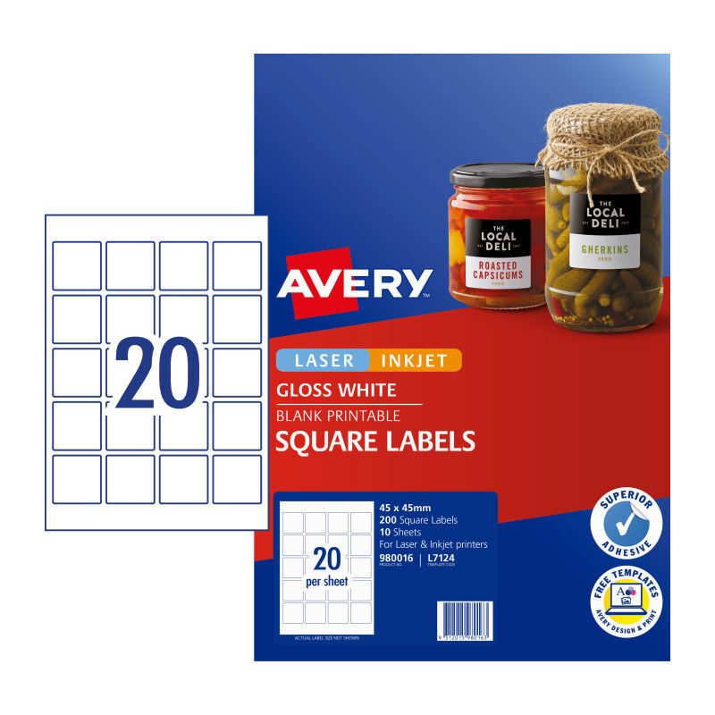 Avery L7124 Square Labels - 20 Labels per Sheet - Pack of 10 - 45 x 45mm