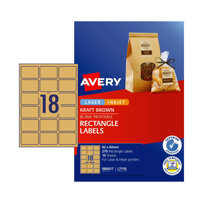Avery L7110 Rectangle Brown Labels - Pack of 270 - 62 x 42mm