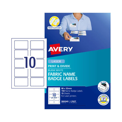 Avery Fabric Name Badge Labels (88 x 52mm, White, 150 Pack)