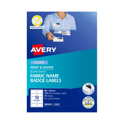 Avery Fabric Name Badge Labels (88 x 52mm, White, 150 Pack)