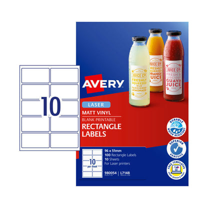 Avery L7148 Rectangular Laser Labels - 10 Labels per Sheet - Pack of 100 - 96 x 51mm