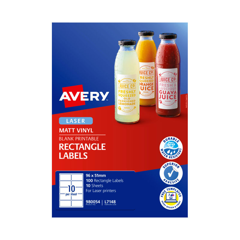 Avery L7148 Rectangular Laser Labels - 10 Labels per Sheet - Pack of 100 - 96 x 51mm