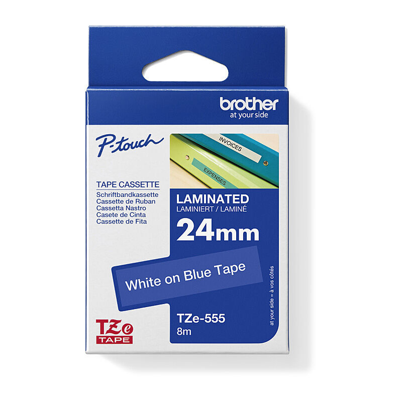 Brother TZe-555 Label Tape - White on Blue - 24 mm x 8m