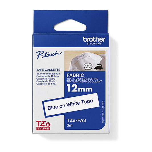 Brother TZe-FA3 Fabric Iron -On Tape - Blue on White - 12 mm x 3m