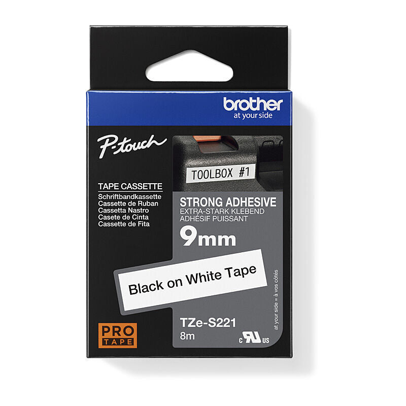 Brother TZe-S221 Strong Adhesive Tape - Black on White - 9 mm x 8m