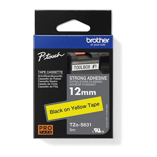 Brother TZe-S631 Strong Adhesive Tape - Black on Yellow - 12 mm x 8m