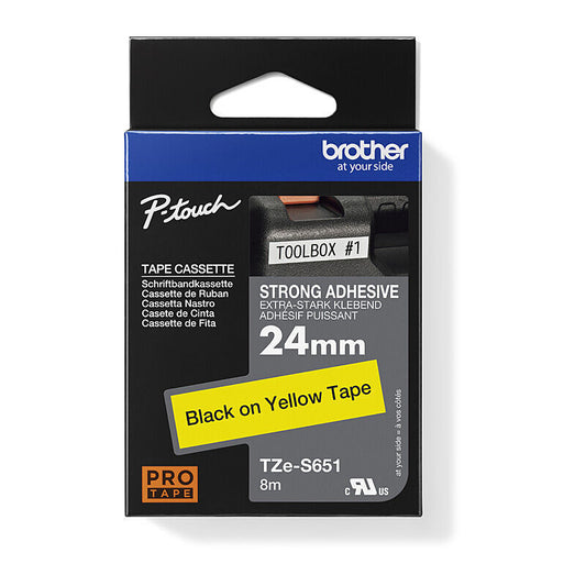 Brother TZe-S651 Strong Adhesive Tape - Black on Yellow - 24 mm x 8m