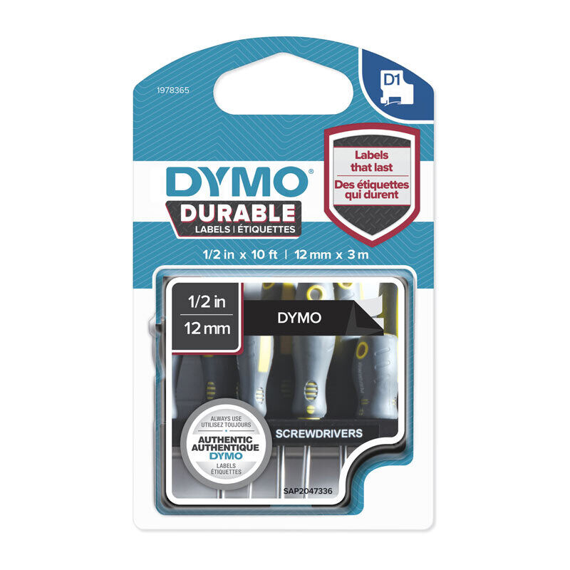 Dymo D1 Durable White on Black 12 mm x 3m