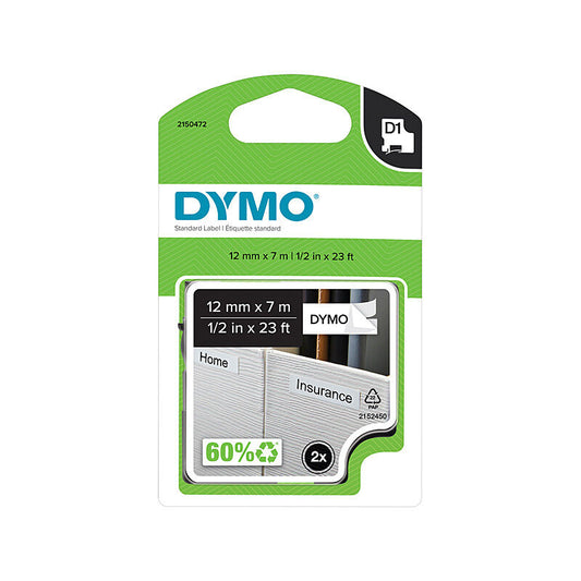 Dymo D1 Black on White Label 12 mm x 7m - Pack of 2