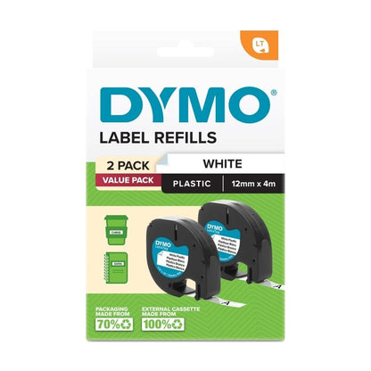 Dymo LT LetraTag Plastic 12 mm x 4m White Pack of 2