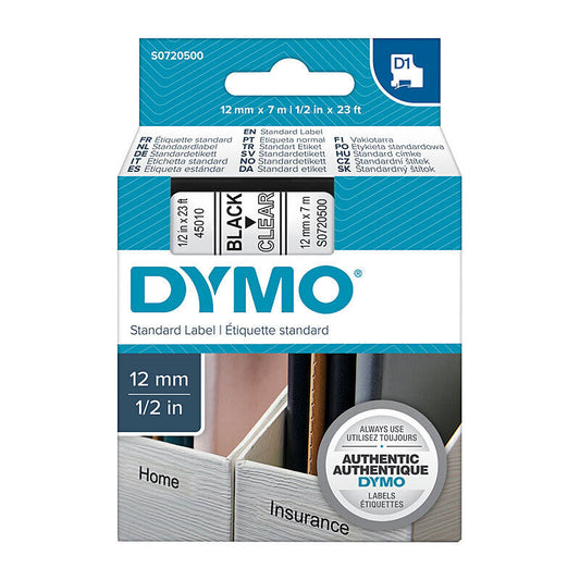 Dymo D1 Black on Clear 12 mm x 7m Tape