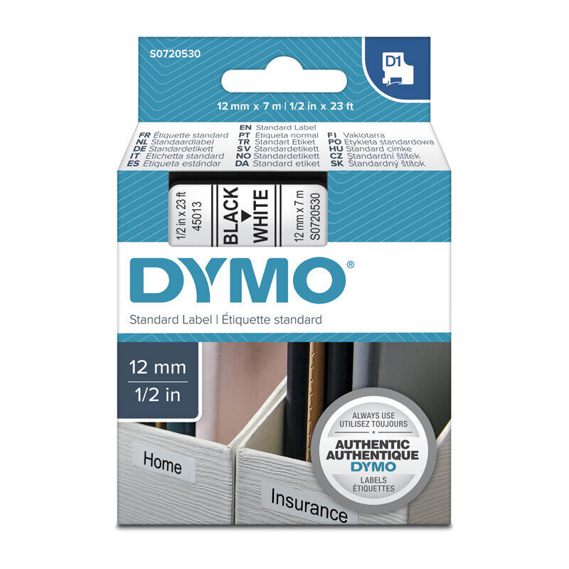 Dymo D1 Black on White 12 mm x 7m Tape
