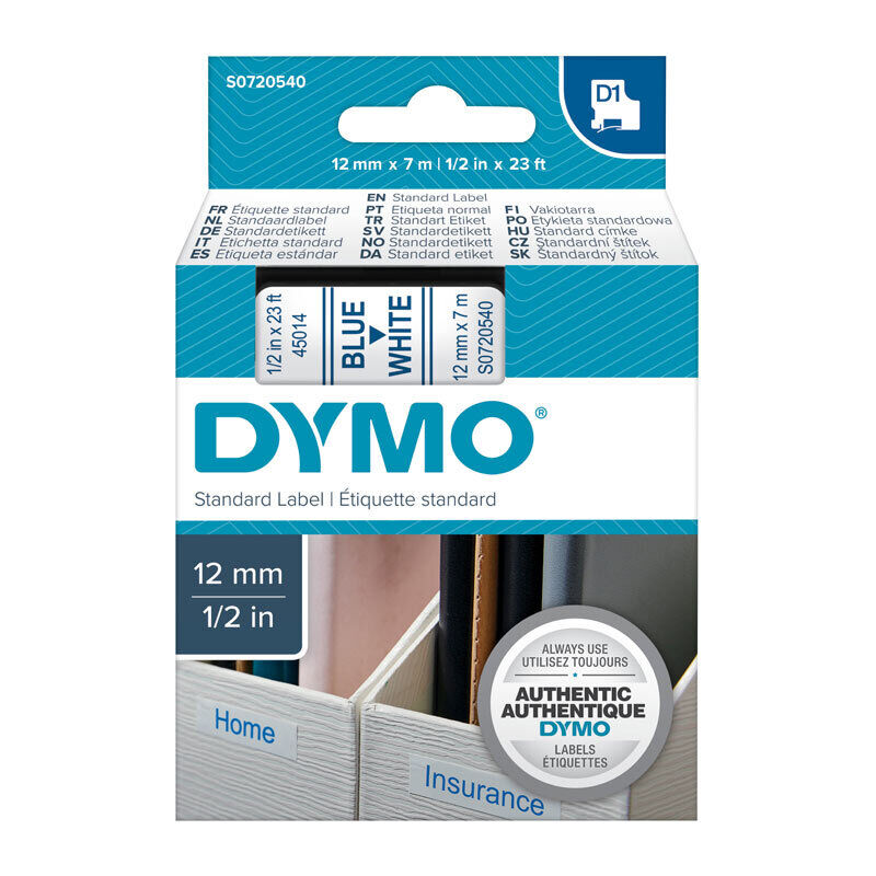 Dymo D1 Label Tape Blue on White 12 mm x 7m