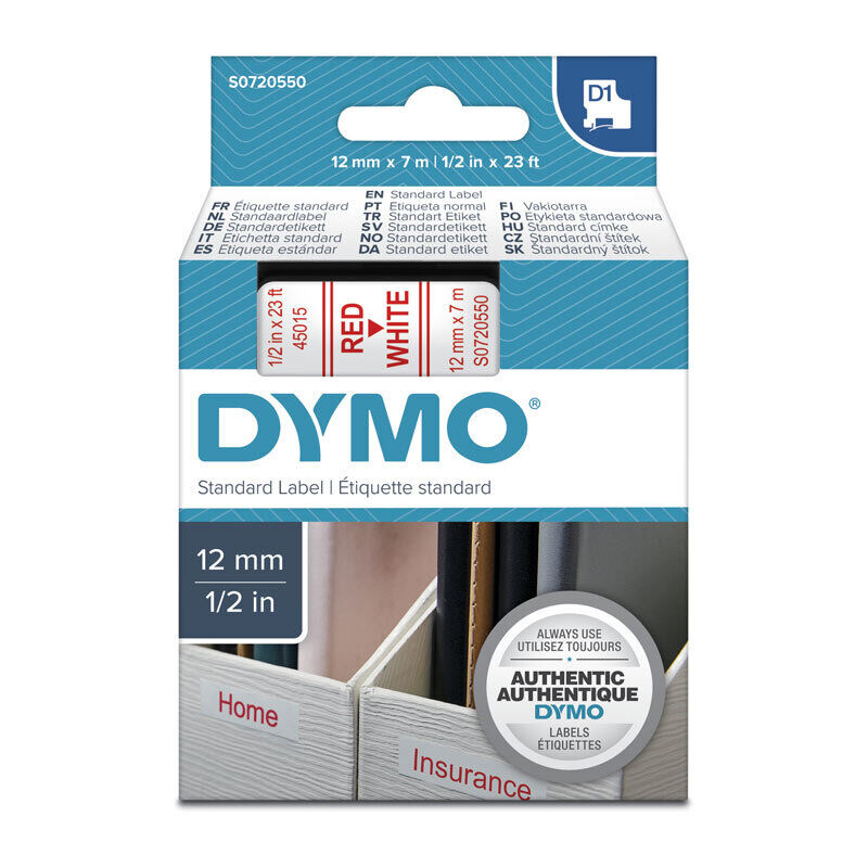Dymo D1 Label Tape Red on White 12 mm x 7m