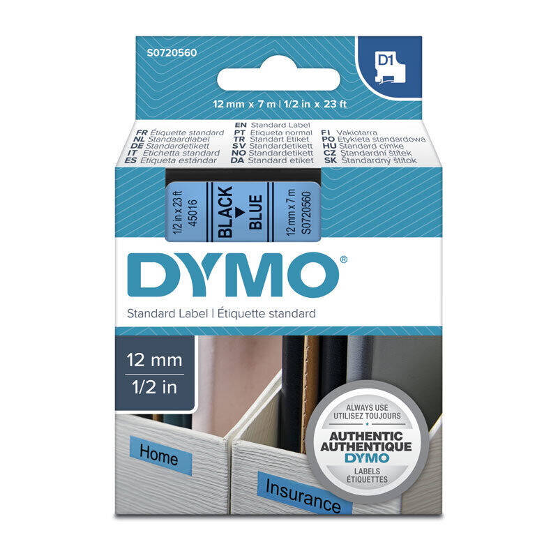 Dymo D1 Label Tape Black on Blue 12 mm x 7m