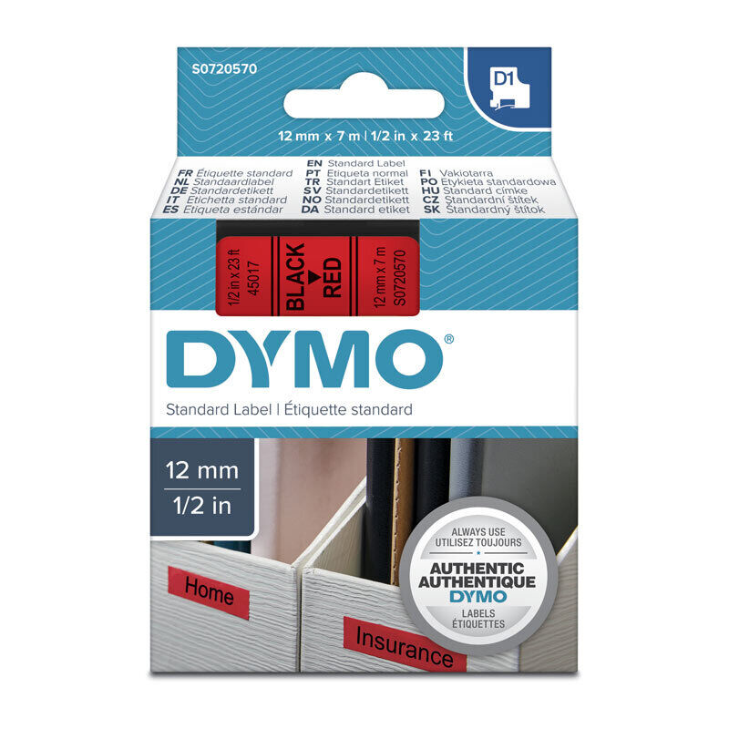 Dymo D1 Label Tape Black on Red 12 mm x 7m