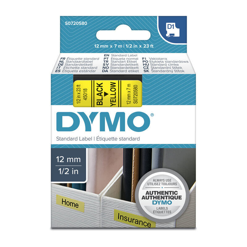 Dymo D1 Label Tape Black on Yellow 12 mm x 7m