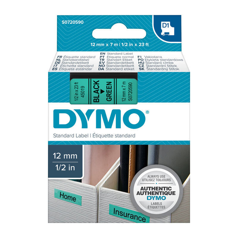 Dymo D1 Label Tape Black on Green 12 mm x 7m