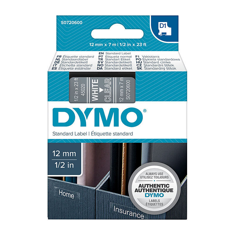 Dymo D1 Label Tape White on Clear 12 mm x 7m
