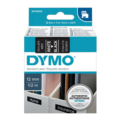 Dymo D1 Label Tape White on Black 12 mm x 7m