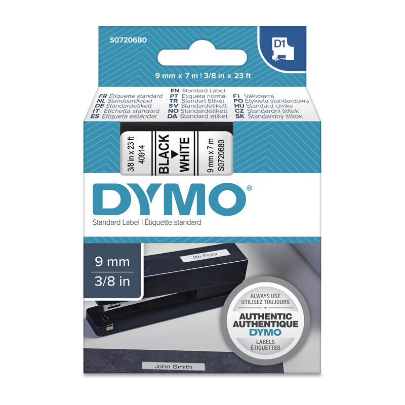 Dymo D1 Label Tape Black on White 9 mm x 7m