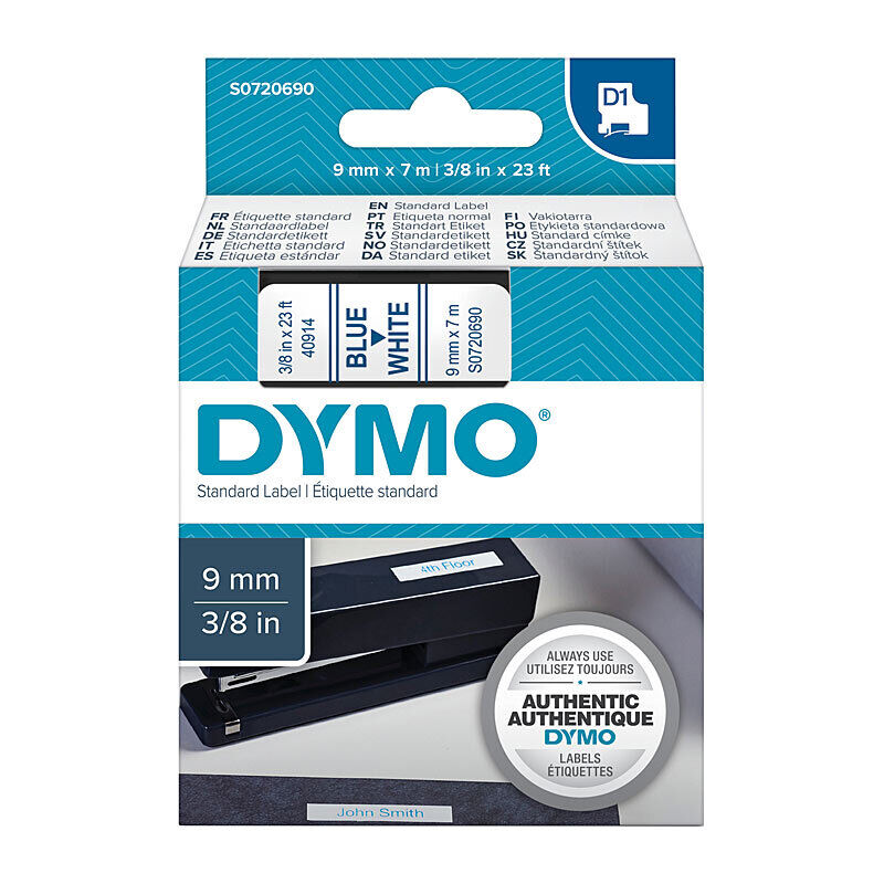 Dymo D1 Label Tape Blue on White 9 mm x 7m
