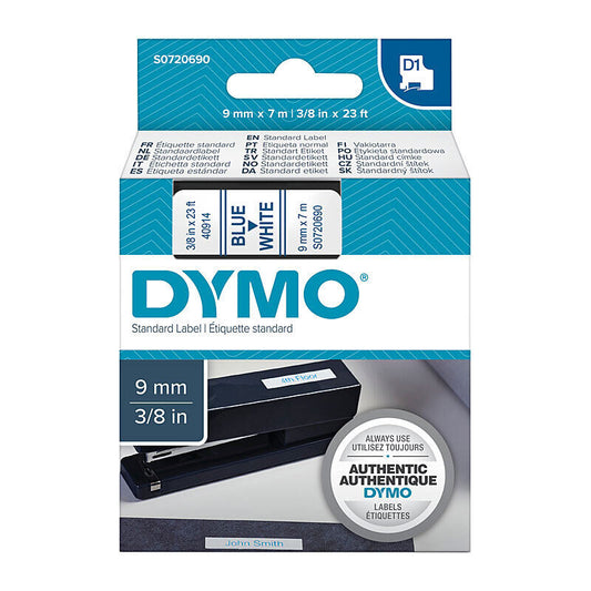 Dymo D1 Label Tape Blue on White 9 mm x 7m