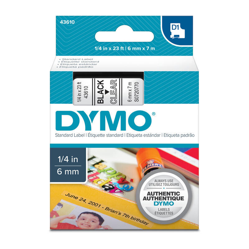 Dymo D1 Label Tape Black on Clear 6 mm x 7m