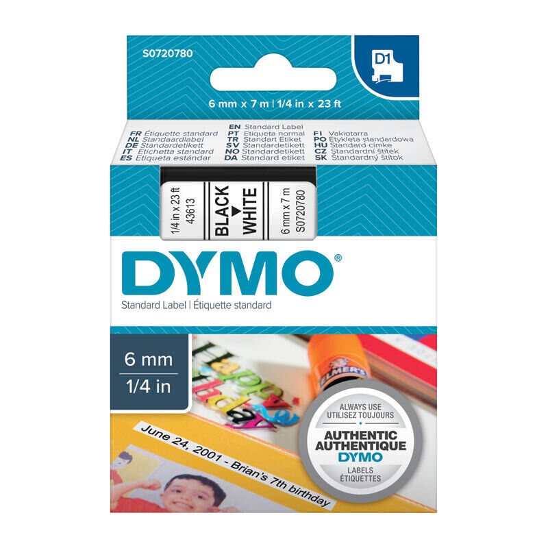 Dymo D1 Label Tape Black on White 6 mm x 7m