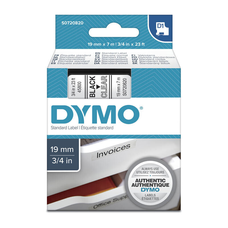 Dymo D1 Label Tape Black on Clear 19 mm x 7m