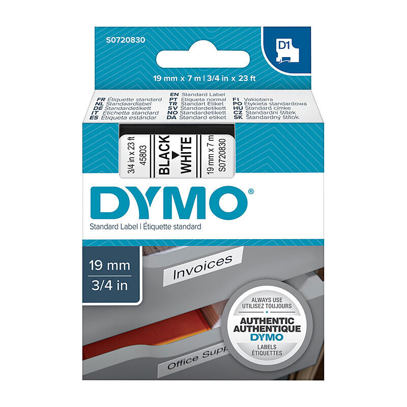 Dymo D1 Label Tape Black on White 19 mm x 7m