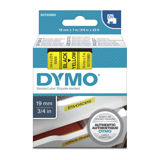 Dymo D1 Label Tape Black on Yellow 19 mm x 7m