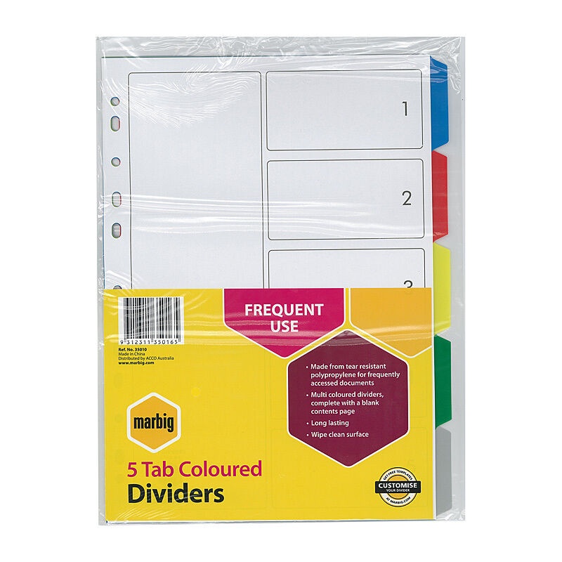 Marbig Dividers Multi-Colour PP A4 - 5 Tabs