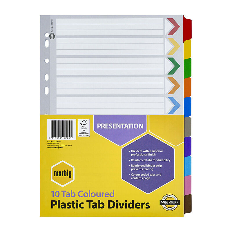 Marbig Dividers Reinforced Board - A4 - 10 Tabs