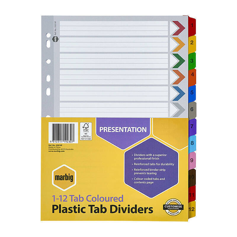 Marbig Dividers Reinforced Board - A4 - 1-12 Tabs