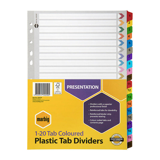 Marbig Dividers Reinforced Board - A4 - 1-20 Tabs