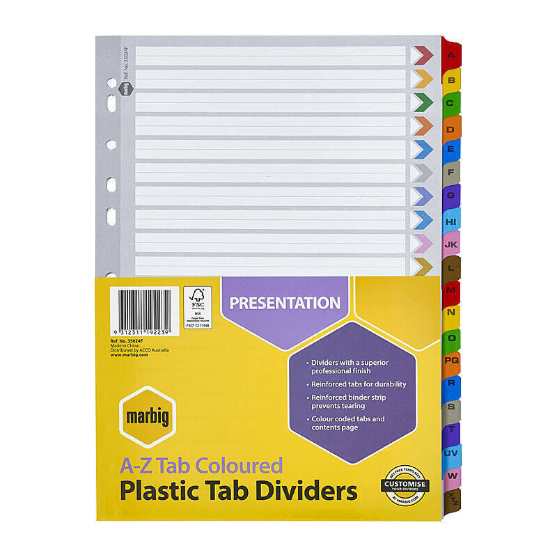Marbig Dividers Reinforced Board - A4 - A-Z Tabs