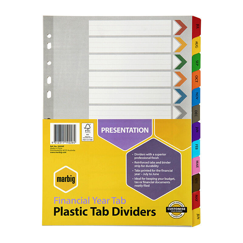 Marbig Dividers Reinforced Board A4 - Financial Year Tabs