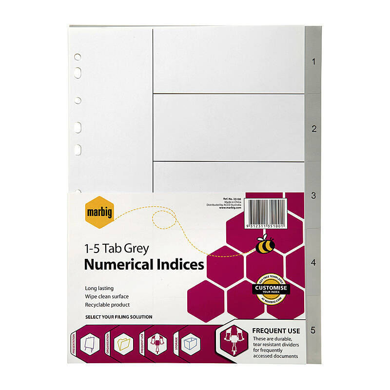 Marbig Indices Grey A4 - 1-5 Tabs