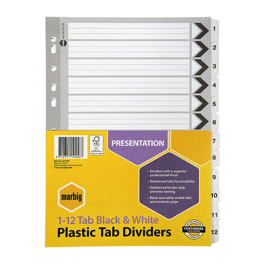 Marbig Dividers Reinforced Board - Black/White A4 - 1-12 Tabs