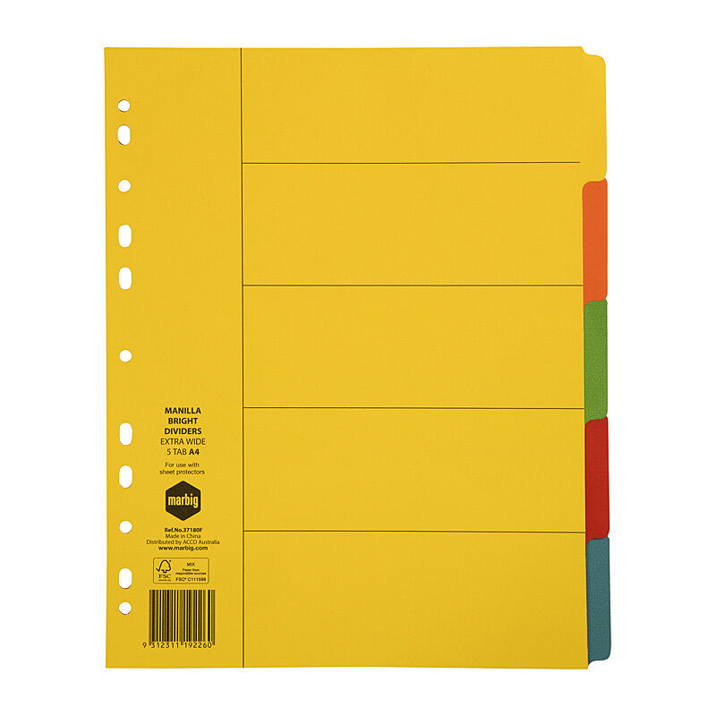 Marbig Dividers X - Wide Bright Manila A4 - 5 Tabs
