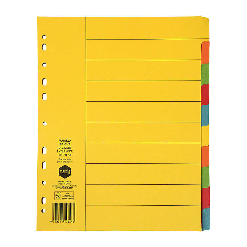Marbig Dividers X - Wide Bright Manila A4 - 10 Tabs