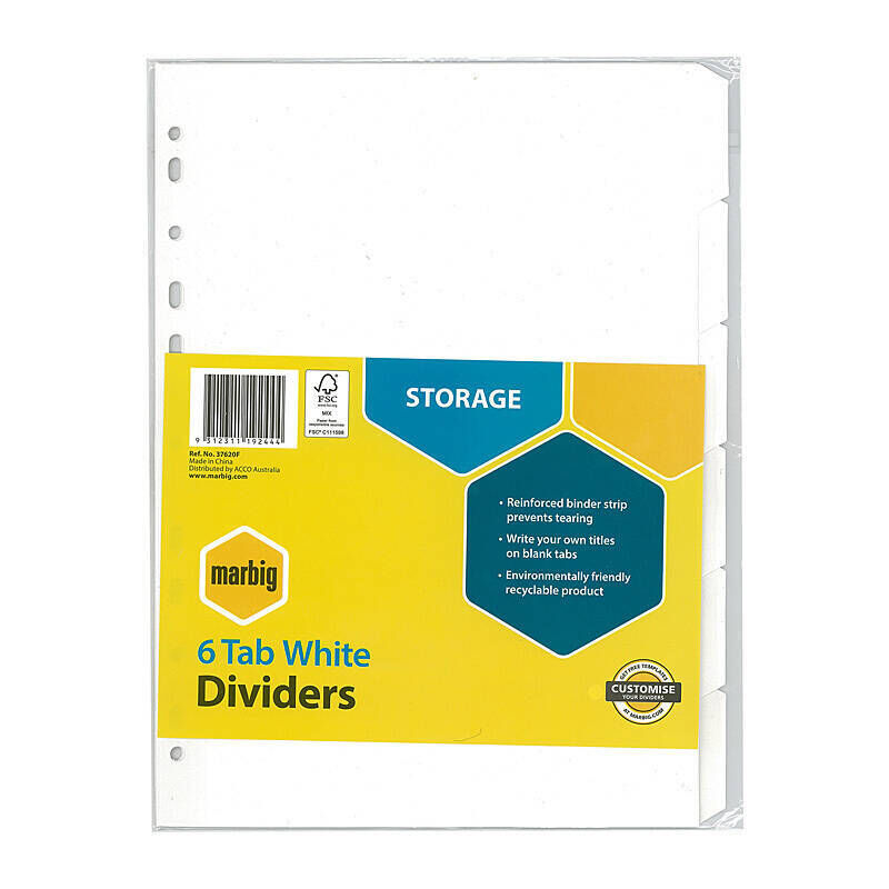 Marbig Dividers White Manilla A4 - 6 Tabs