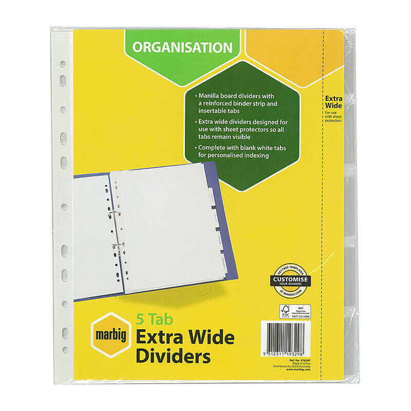 Marbig Dividers Insert Tabs X -Wide White Manila A4 - 5 Tabs
