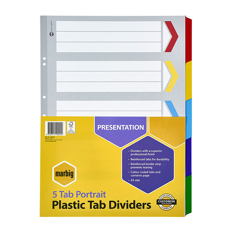 Marbig Dividers Portrait Reinforced Board A3 - 5 Tabs